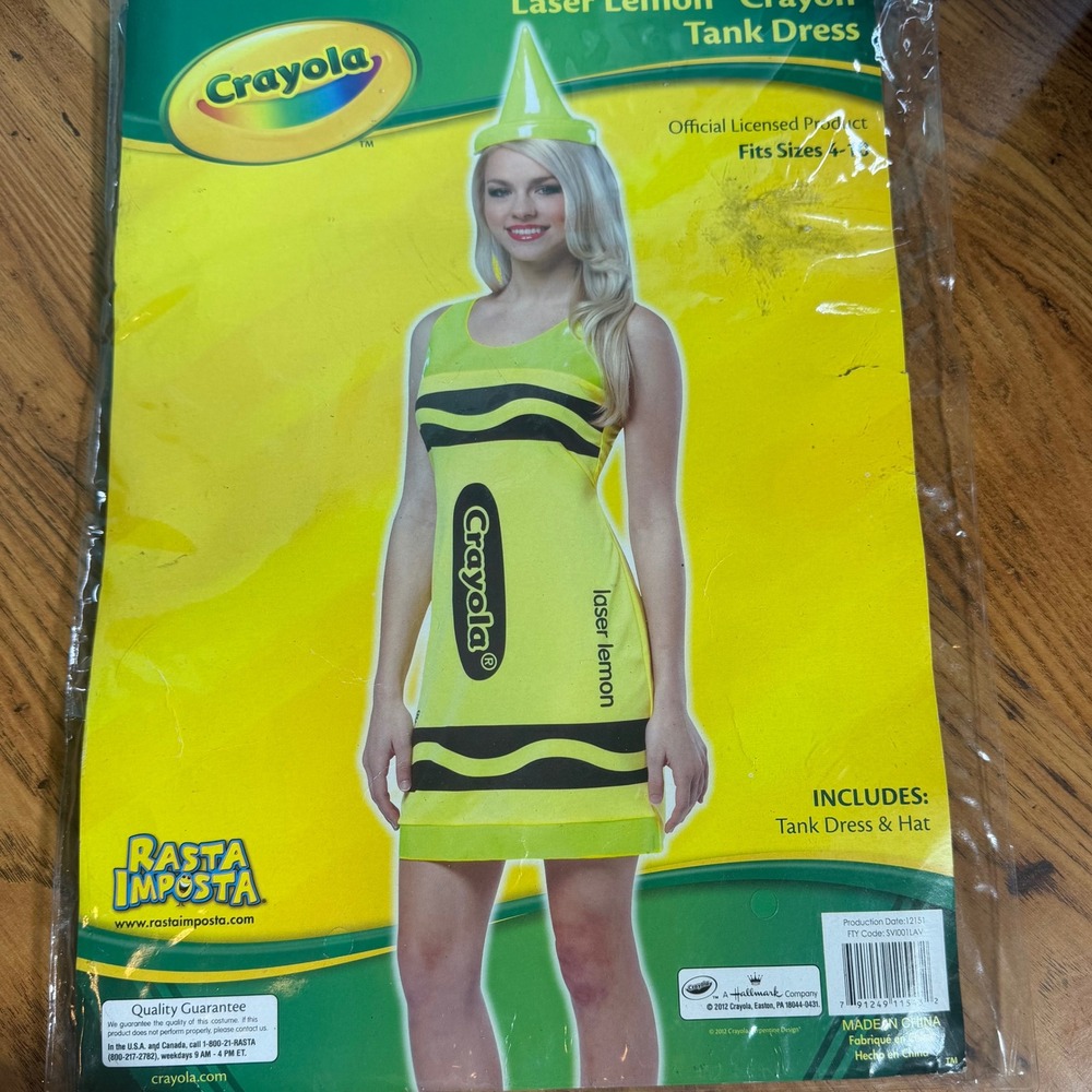 Crayola Laser Lemon Crayon Tank Dress Costume Rasta Imposta Neon Yellow Hat 4-10